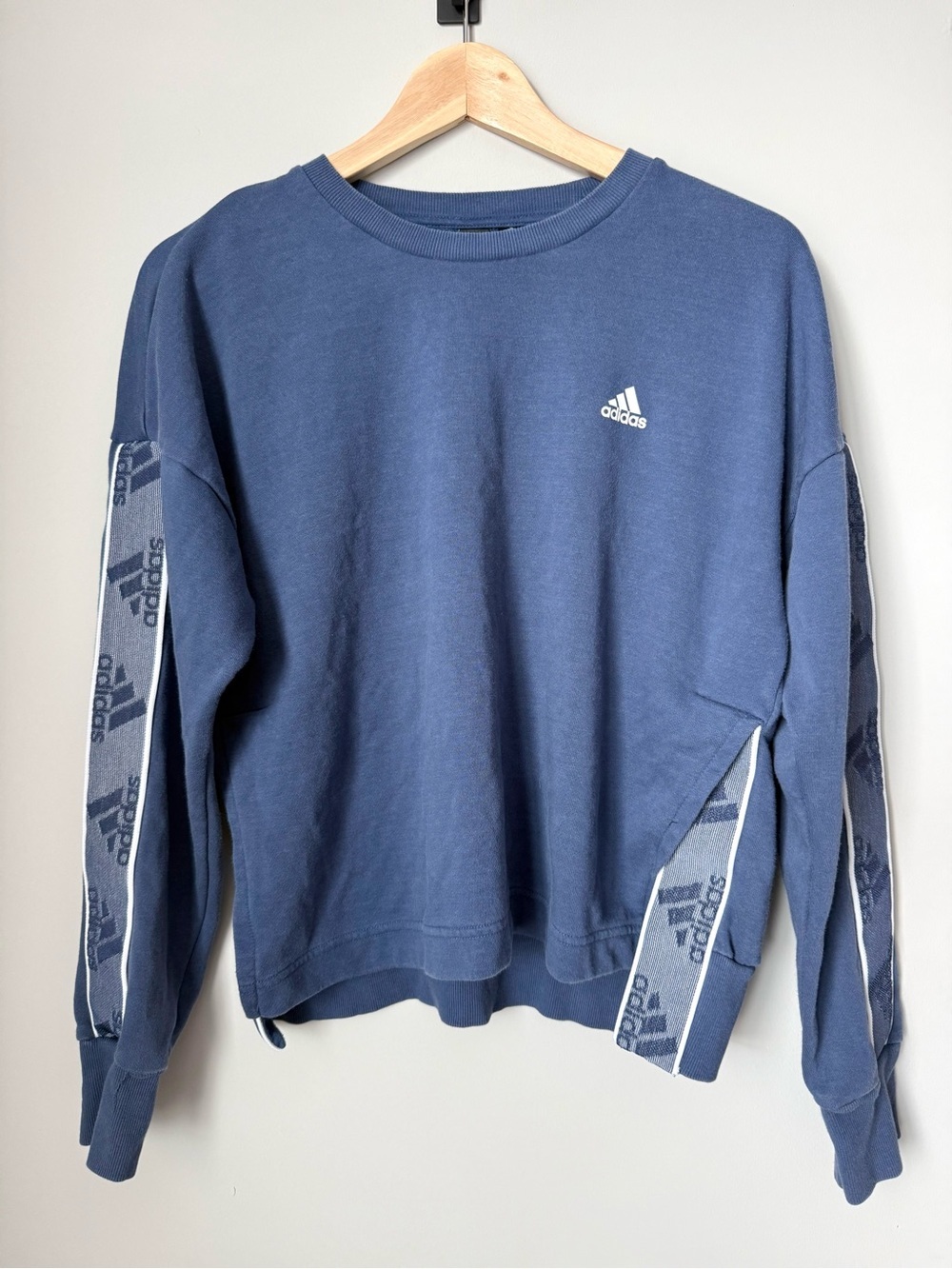 adidas Navy Athletic Cropped Crewneck Sweatshirt with Logo Sleeves and Vent